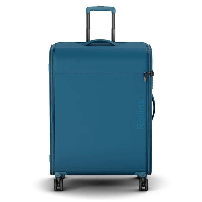 A medium-sized wheeled suitcase in teal, featuring a durable outer shell and a retractable handle.