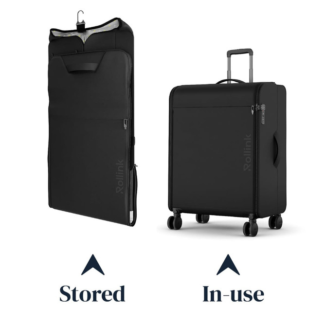 A black Rollink Futo Medium Suitcase 26" displayed in stored and in-use positions, featuring wheels and a handle.