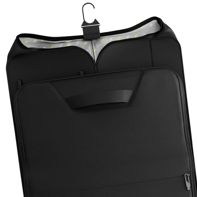 A black wheeled bag with a hanger and patterned interior, featuring a smooth surface and a handle.