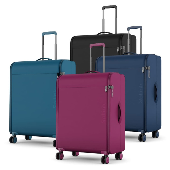 A set of four Rollink Futo large suitcases in teal, black, dark blue, and burgundy, featuring wheels and retractable handles.