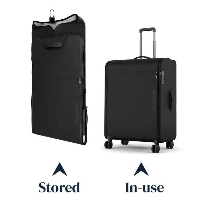 A black Rollink Futo Large Suitcase 29", displayed in a stored position and an in-use position, with a handle and wheels.