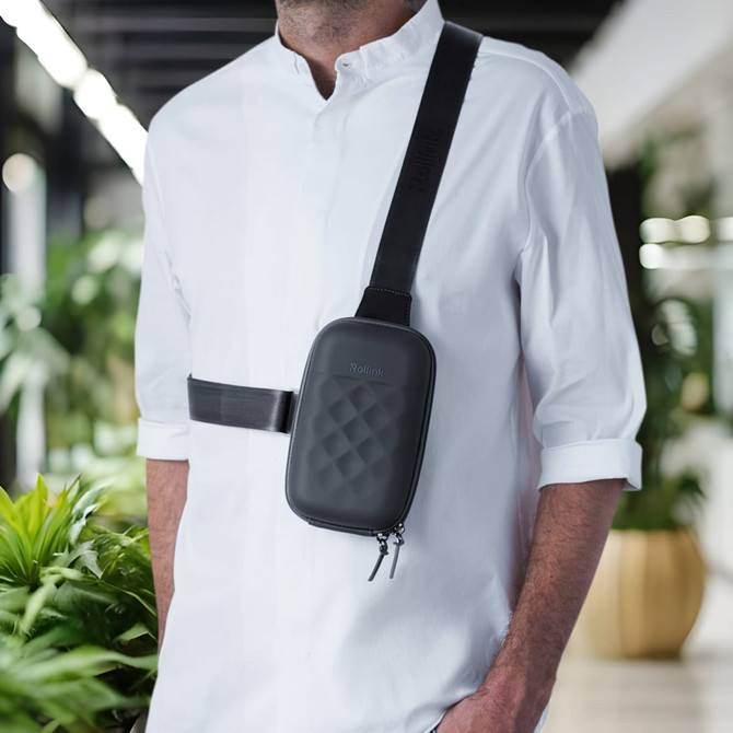 A black crossbody bag with a quilted design, featuring a zip closure and adjustable strap.