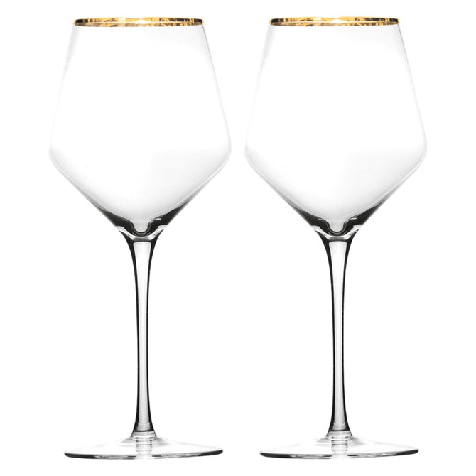 A set of two elegant wine glasses featuring clear glass and gold rims, designed for a sophisticated presentation.