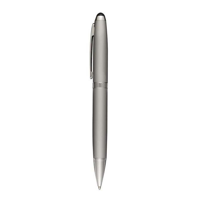 A silver metal ballpoint pen with a sleek design and a clip. It features a logo on the side.