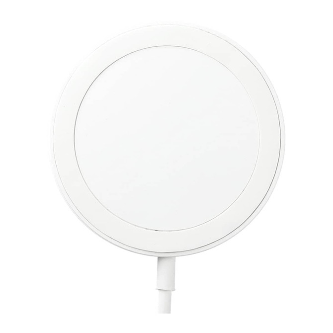 A white wireless charging pad with a circular design and a connected cable. Contains a branding logo.