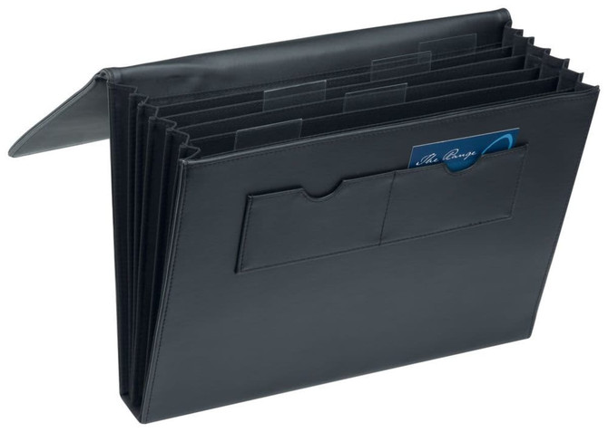A4 expandable file portfolio in black, featuring multiple pockets and a front card slot. Includes a logo on the side.