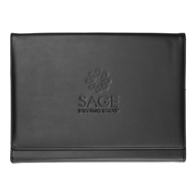 A4 expandable file portfolio in black with a logo embossed on the front cover.