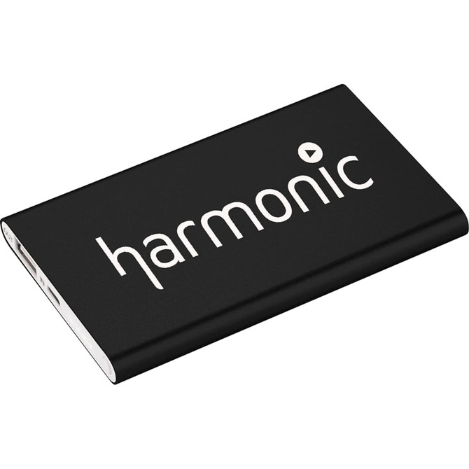 A black power bank with a logo, designed for charging devices.