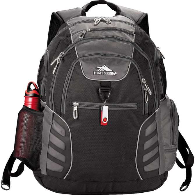 A black and grey laptop backpack with multiple compartments and a side pocket for a drink bottle. It features a logo.
