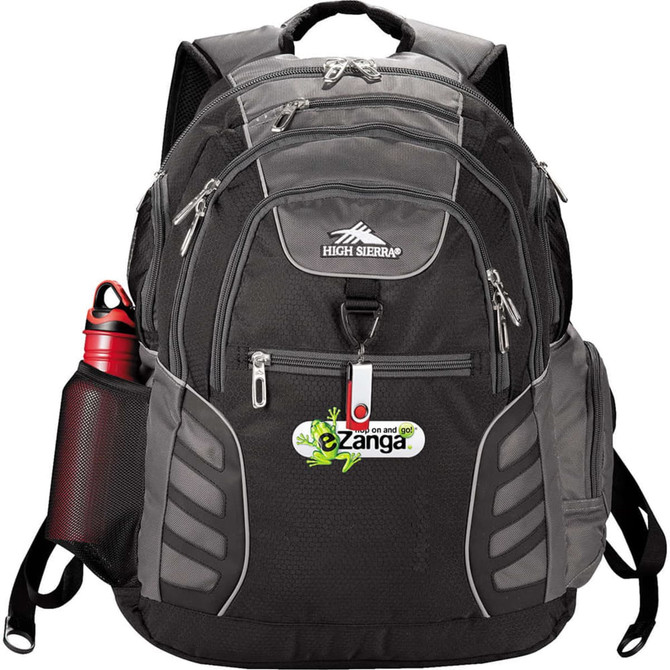 A black and grey High Sierra Swerve Big Wig 17" laptop backpack featuring multiple compartments and a logo.