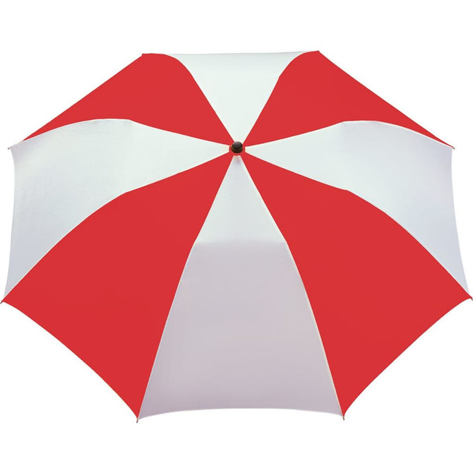 A red and white striped folding auto umbrella with a central black button and a compact design.