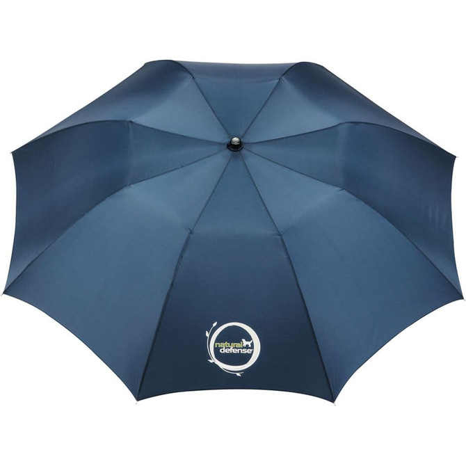 A navy blue folding auto umbrella with a round logo in the centre.