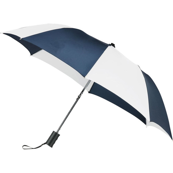 A folding auto umbrella featuring a navy blue and white design with a sturdy handle and a logo.