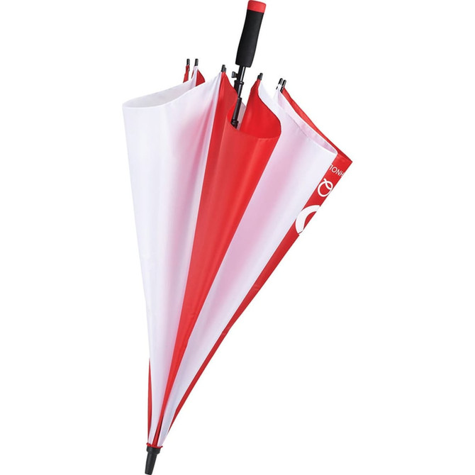A red and white auto umbrella with a curved handle and a branding logo.