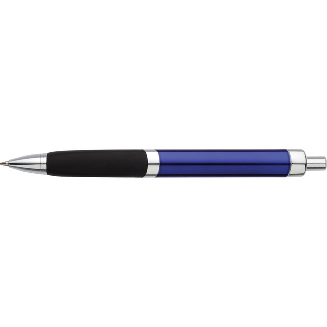 A metal pen with a blue barrel and black grip, featuring a silver clip and accents. It has a brand logo.