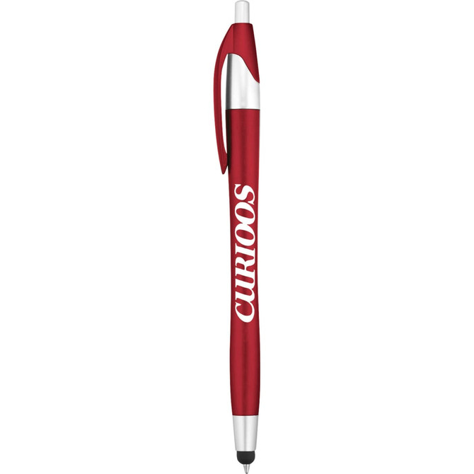 A red pen stylus featuring a silver clip and a logo. The design is sleek and modern for writing and touchscreens.