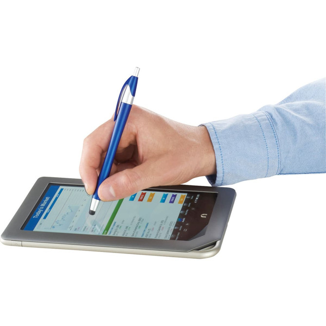 A hand holding a blue stylus pen on a tablet screen, featuring a logo on the pen.