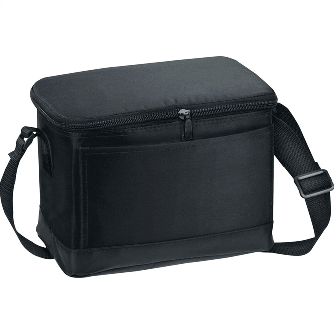 A black cooler bag with a zip closure, featuring a shoulder strap and a front pocket. It has a logo on the side.