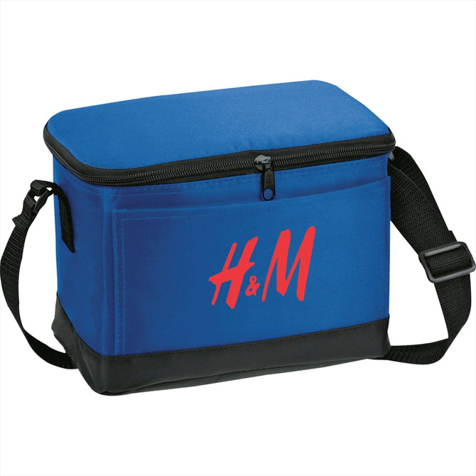 A blue cooler bag with a zippered top and an adjustable strap, featuring a logo on the front.