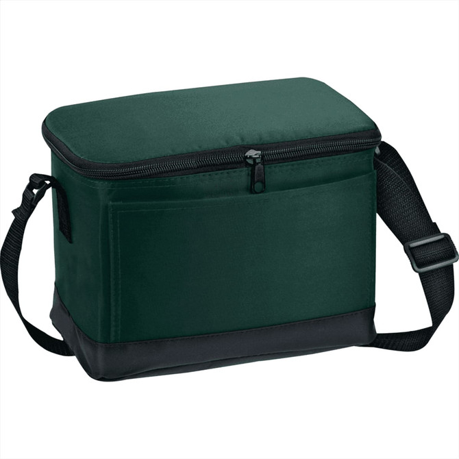 A dark green lunch cooler bag with a zippered top and an adjustable strap. It features a front pocket and a black base.