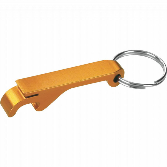 An orange aluminium bottle opener with a keyring attachment, featuring a sleek and minimalist design.