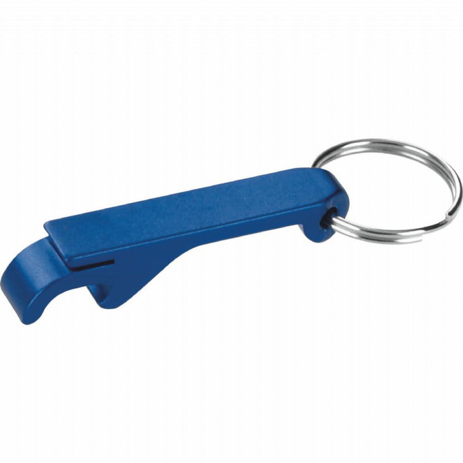 A blue aluminium bottle opener with a keyring attachment. It has a simple, streamlined design.