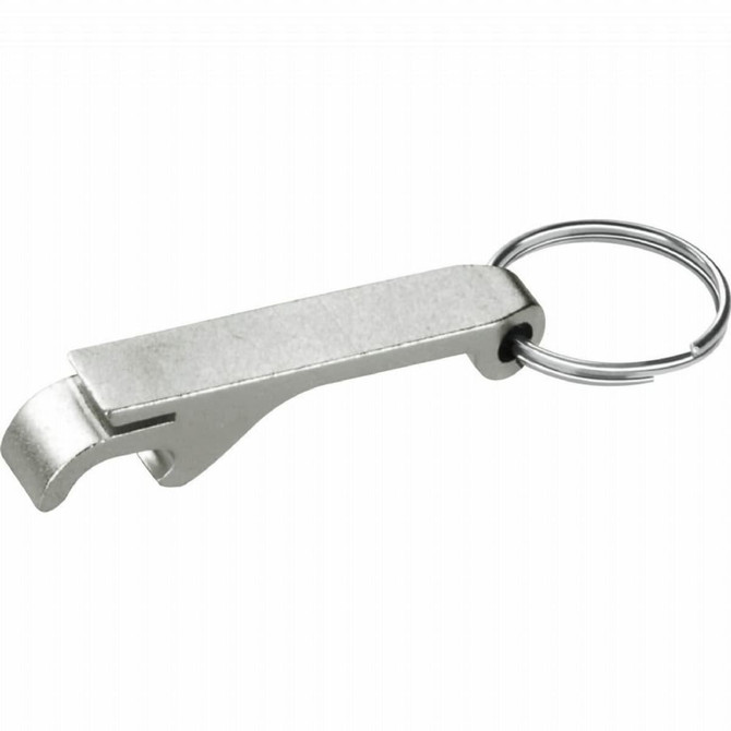 A drink bottle opener in silver metal, featuring a keyring attachment and a sleek design.