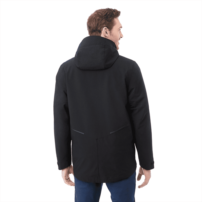 A man wearing a black Zermatt 3-In-1 jacket, viewed from the back, showcasing its hood and soft shell design.