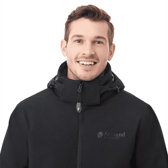 A men's soft shell jacket in black with a hood, featuring a logo on the chest.