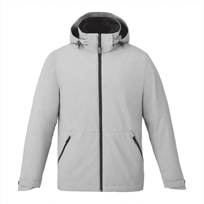 A grey soft shell jacket with a hood, featuring zippered pockets and a logo.