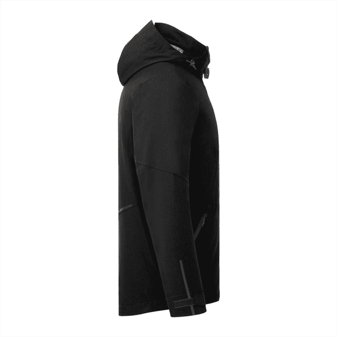 A black soft shell jacket with a hood, featuring pockets and a logo. Side view displayed.