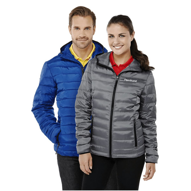 A blue puffer jacket and a grey puffer jacket displayed on two models, both featuring a hood and branding.
