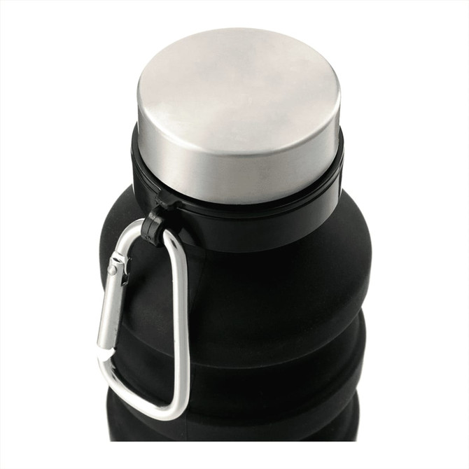 A drink bottle with a black silicone body, silver metal lid, and a carabiner attached for easy carrying.