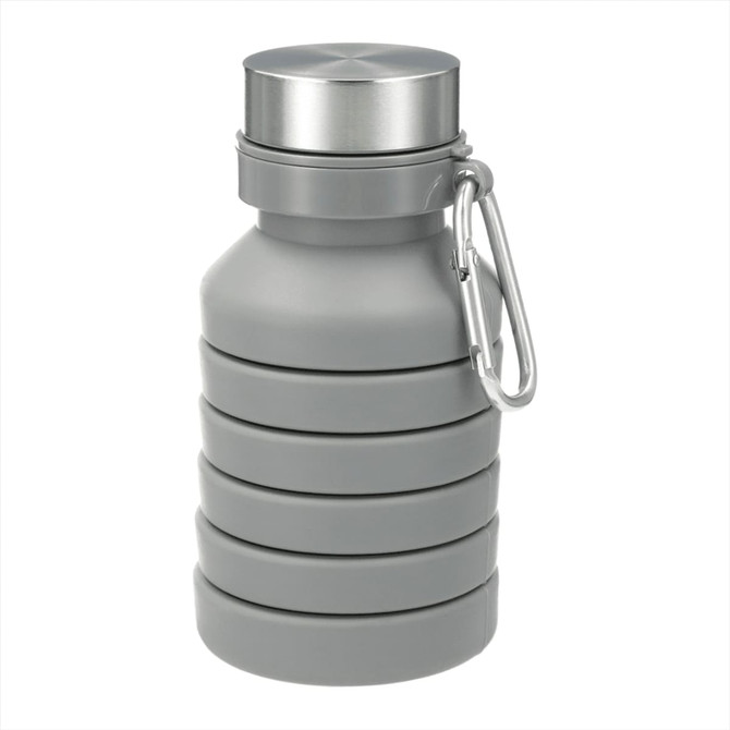 A drink bottle in grey silicone with a stainless steel cap and a carabiner. Features a collapsible design for easy storage.