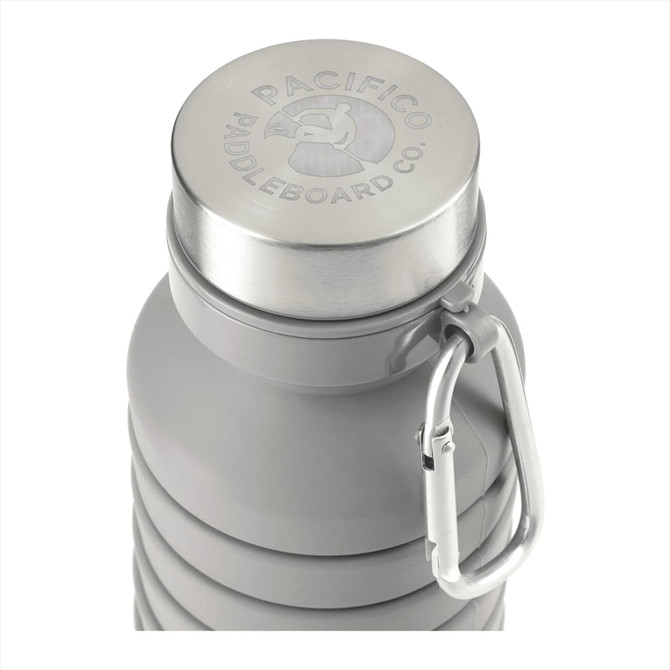 A drink bottle in grey silicone with a stainless steel cap and a carabiner attachment. Features a logo on the cap.