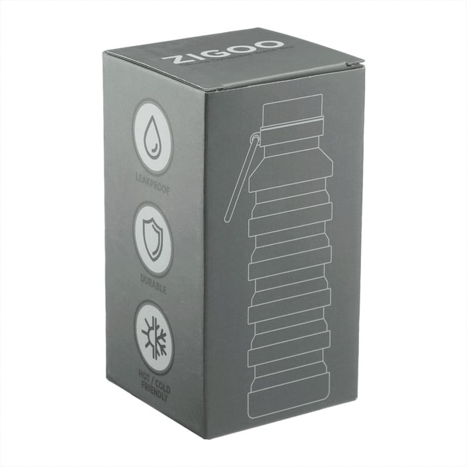 A drink bottle in a grey box, featuring a logo and illustrations indicating its leakproof and durable qualities.