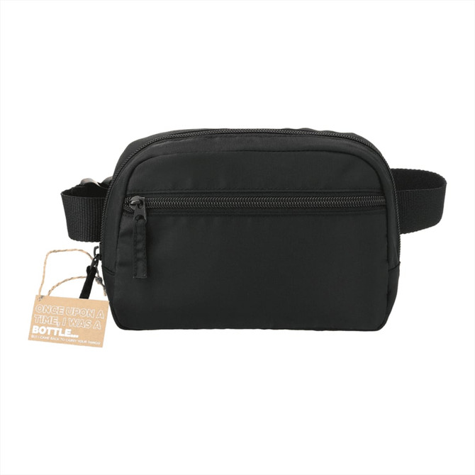 A black recycled sport fanny pack featuring a front zip pocket and an adjustable strap. It has a logo.