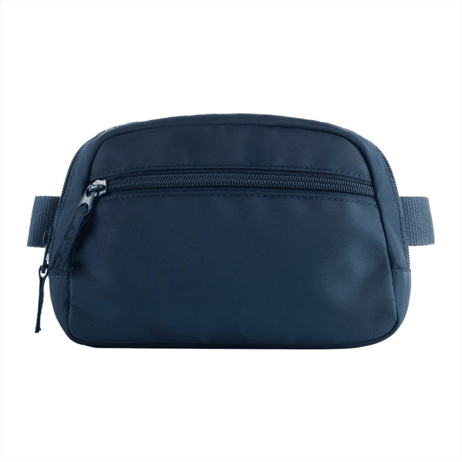 A navy blue recycled sport fanny pack with a zippered front pocket and an adjustable strap. It features a logo.