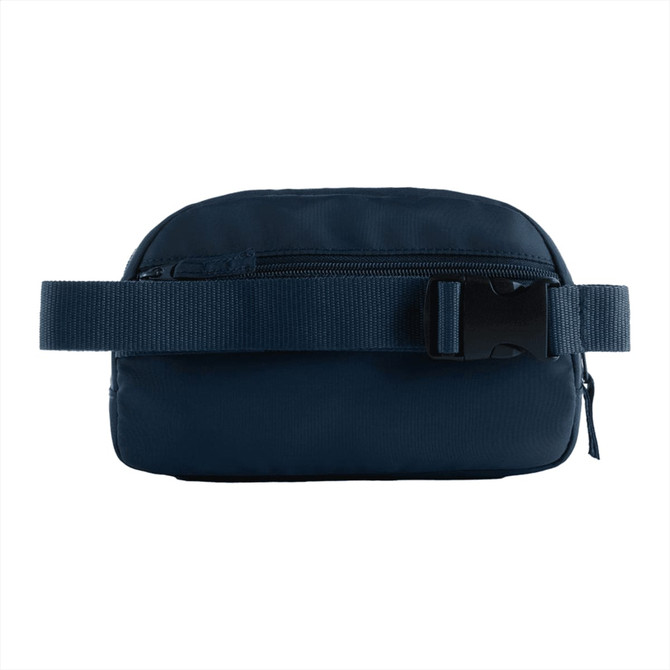 A navy blue recycled sport fanny pack with a buckle strap and a zippered compartment. It features a logo.