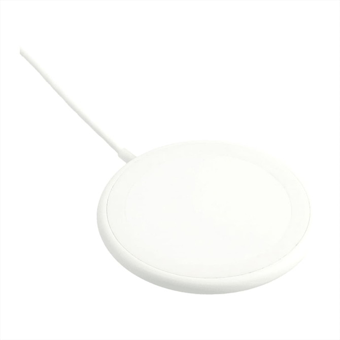 A white wireless charging pad with a cable attached, featuring a simple circular design and a logo.