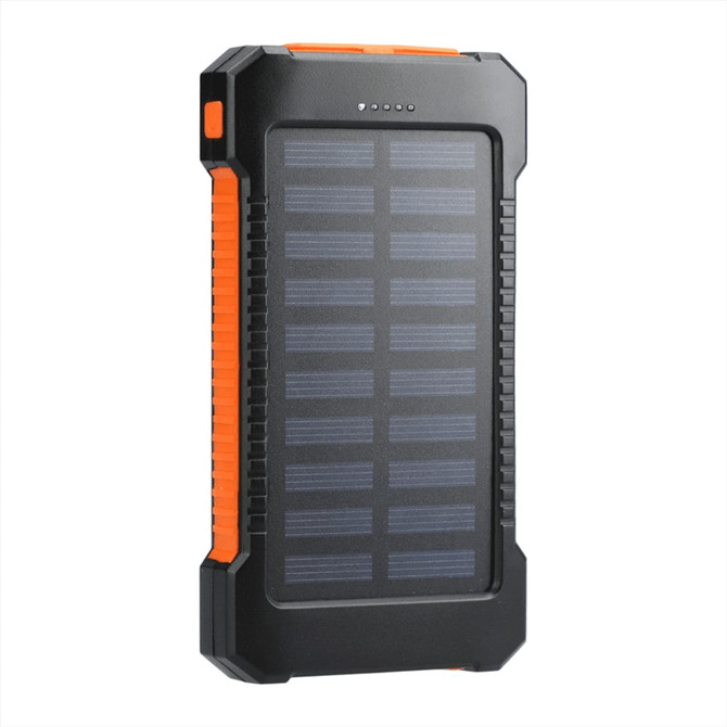 A solar power bank with a rugged black and orange design, featuring a textured surface and a solar panel on one side.