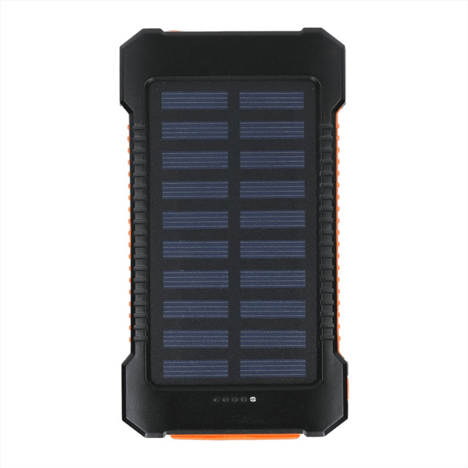 A solar power bank in black and orange, featuring a textured solar panel surface and LED indicators at the bottom.