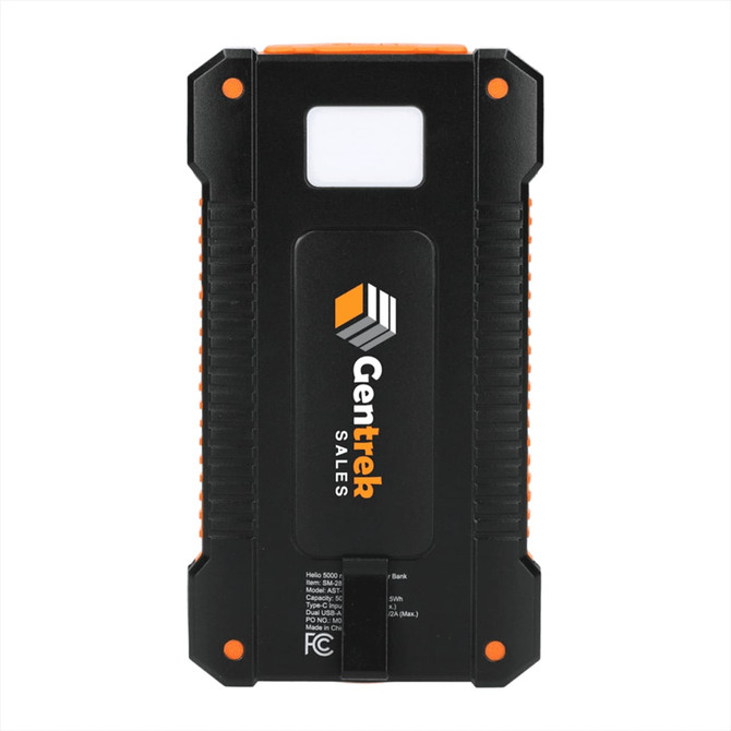 A black and orange solar power bank with a textured grip and a branding logo on the front.