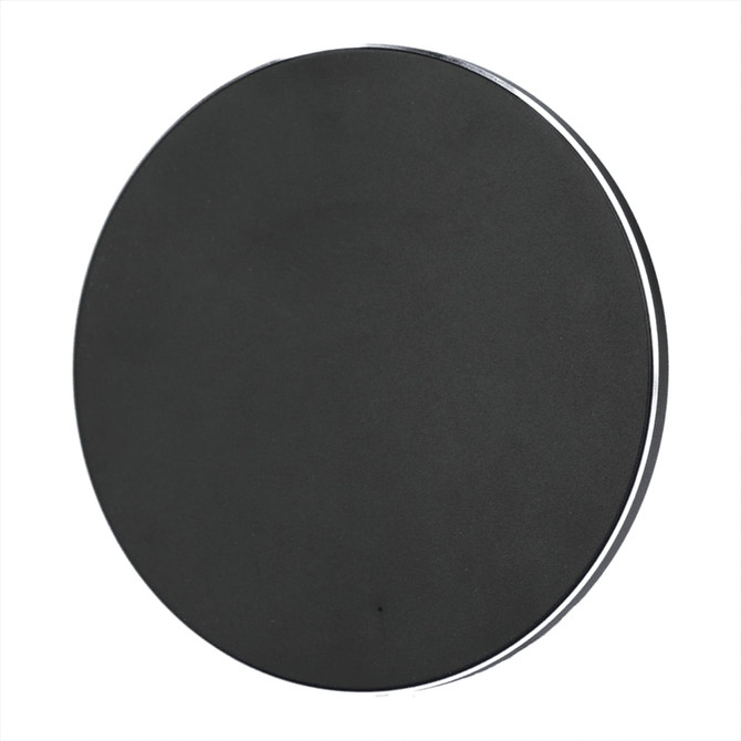 A wireless charging pad in black, featuring a sleek circular design with a smooth surface. It has a logo.