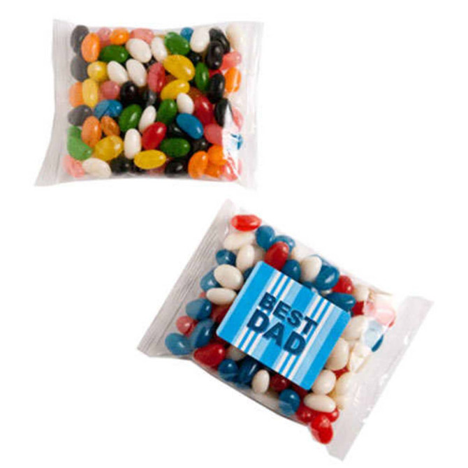 A sealed bag of colourful jelly beans in various flavours with a branded sticker.