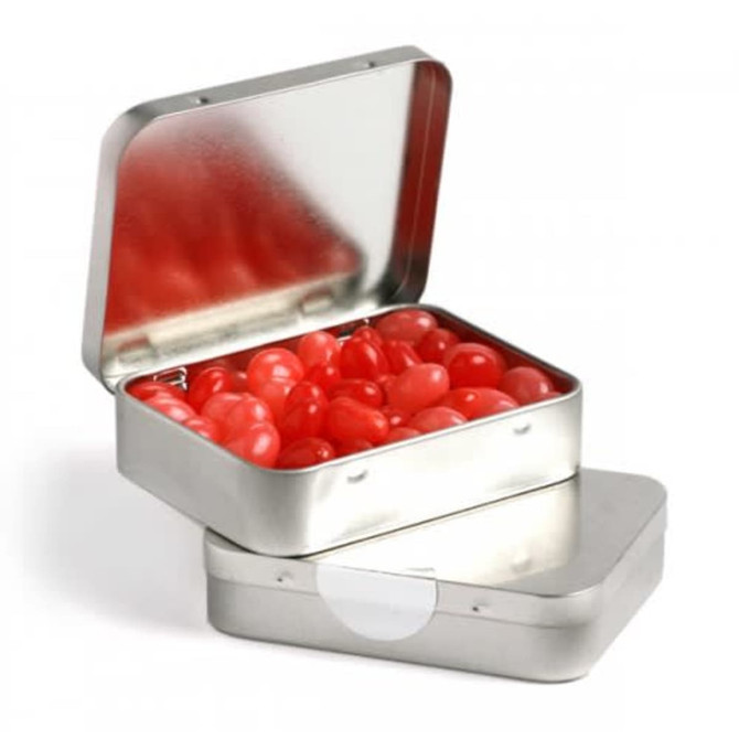 A rectangular silver hinge tin filled with red jelly beans, featuring a removable lid. The tin has a shiny finish.