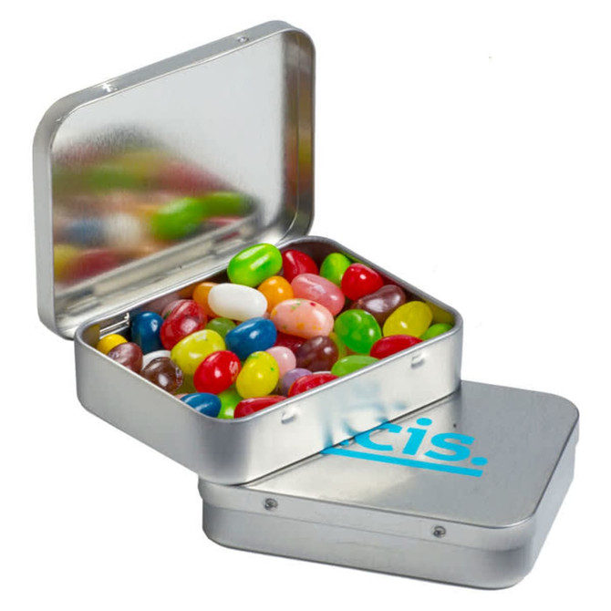 A silver tin box filled with colourful JELLY BELLY jelly beans, featuring a printed logo on the lid.
