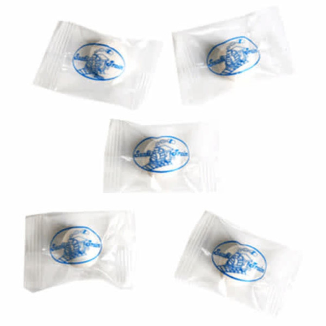 A collection of individually wrapped mints in clear packaging with a blue logo on the front.
