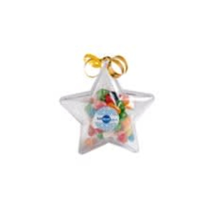 Acrylic star-shaped container filled with colourful jelly beans, tied with a yellow ribbon, featuring a branded sticker.