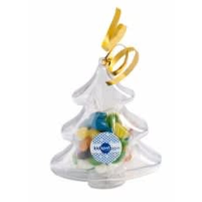 Acrylic tree filled with colourful jelly beans, tied with a yellow ribbon and featuring a logo sticker.